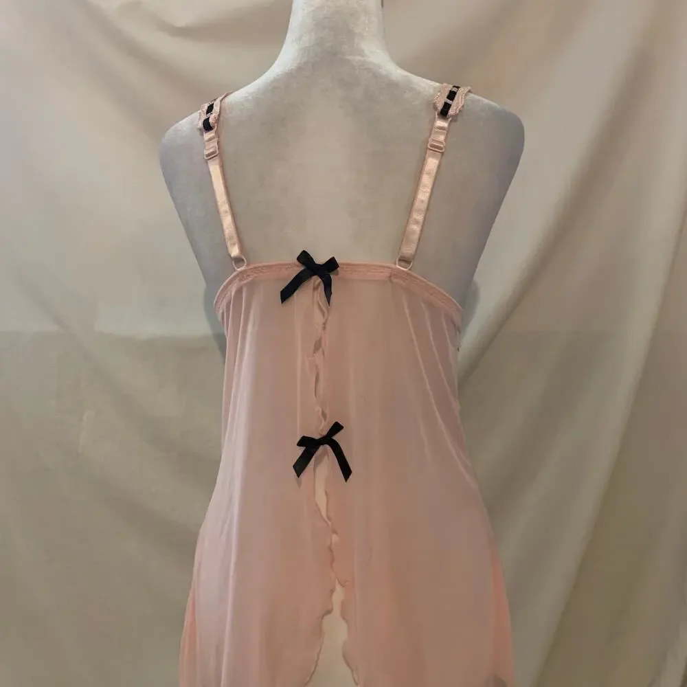 Vintage Oh La La Cheri Pink Mesh Babydoll Chemise Black Lace Bow Coquette M